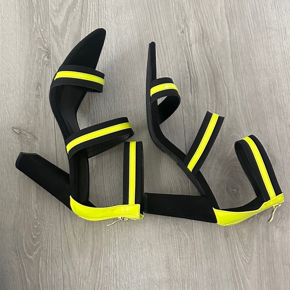 Black and Neon Yellow Strappy Heels NEVER WORN